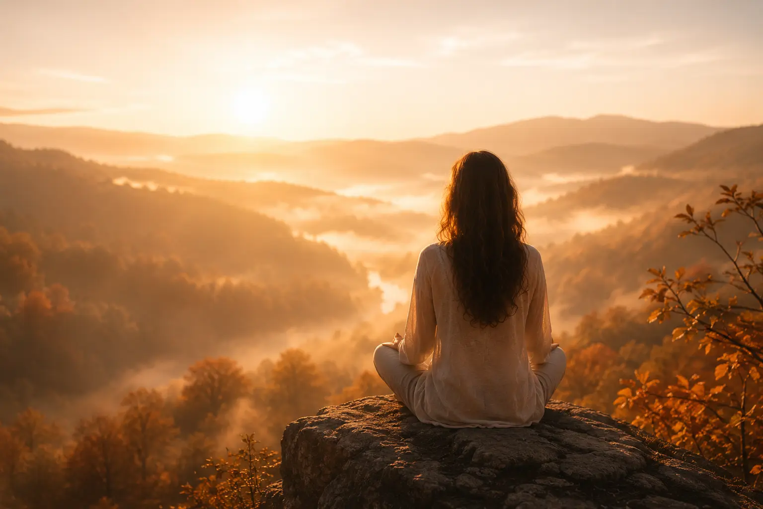 Lever du soleil sur la vallée, lumière douce et chaleureuse