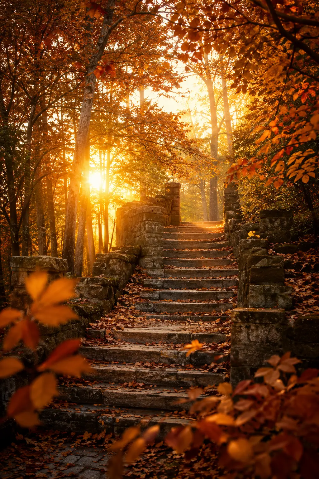 Sentier ancien en pierre traversant une forêt lumineuse d'automne