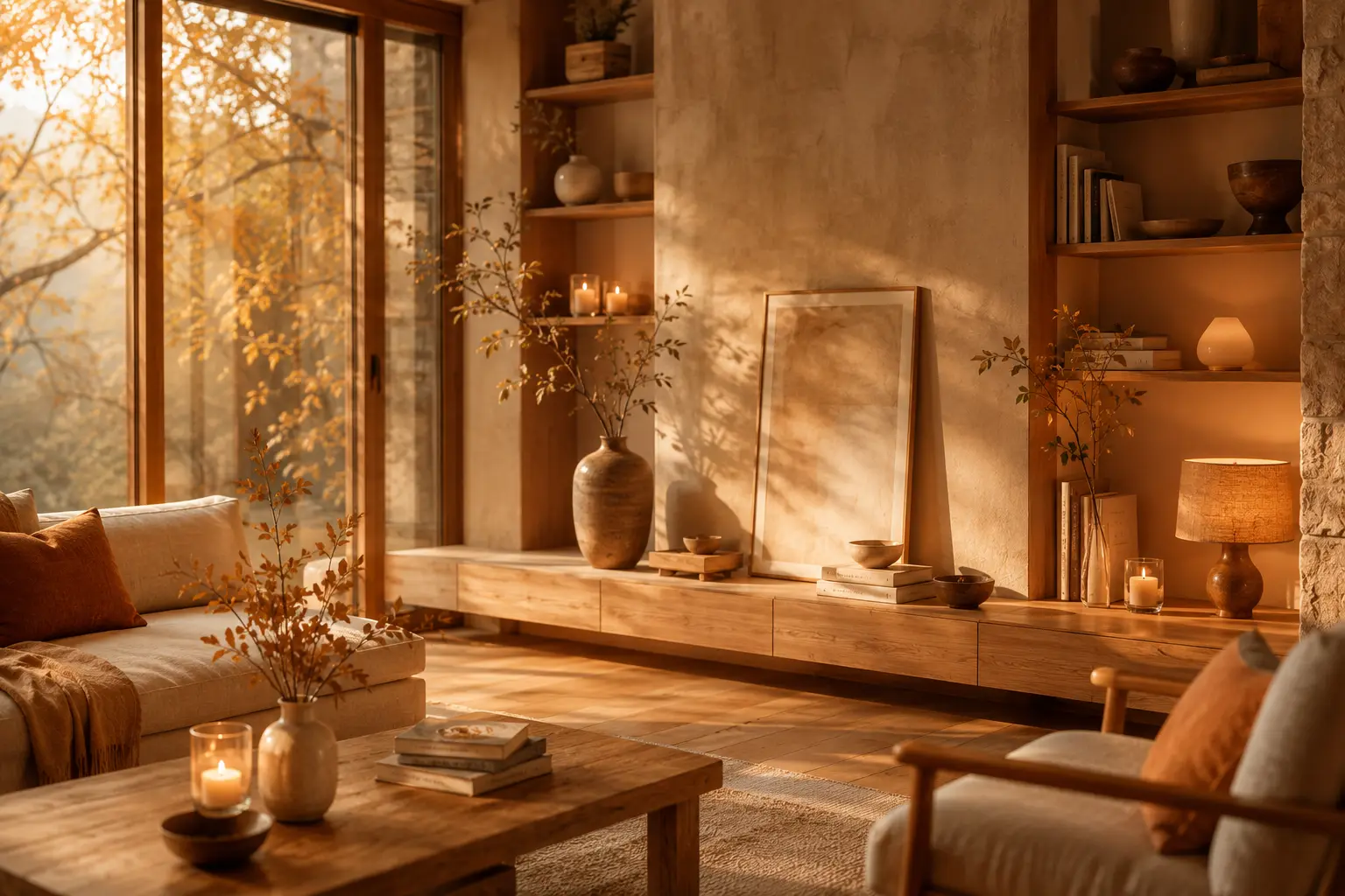 Maison lumineuse aux matières naturelles ouverte sur la lumière