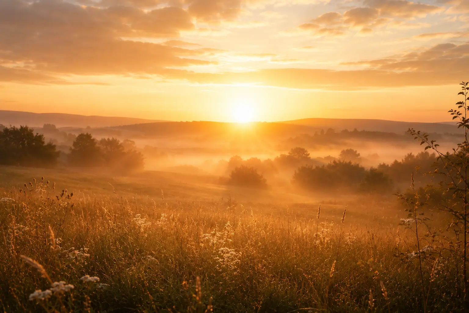 Chemin lumineux traversant une prairie au lever du soleil