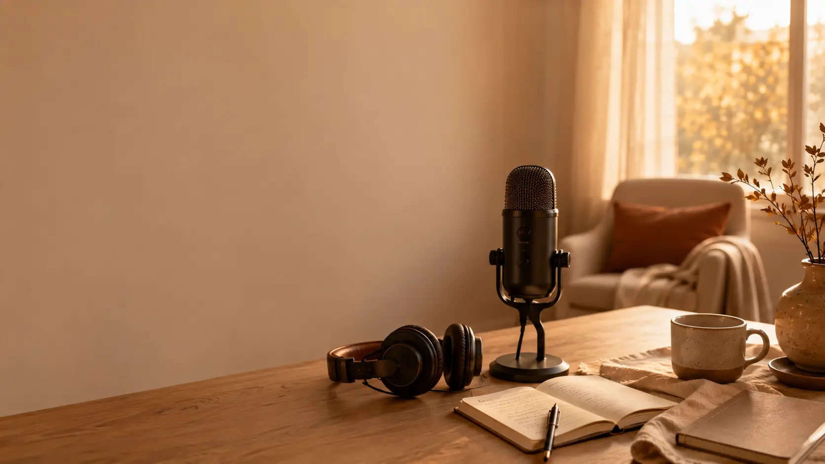 Espace de travail lumineux et cosy avec micro de podcast