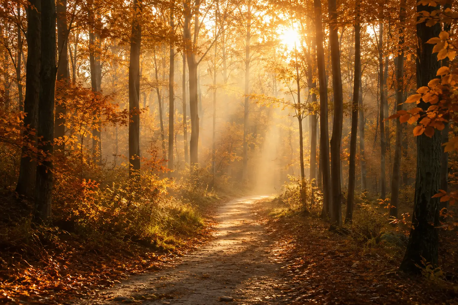 Chemin naturel bordé d'arbres sous une lumière dorée
